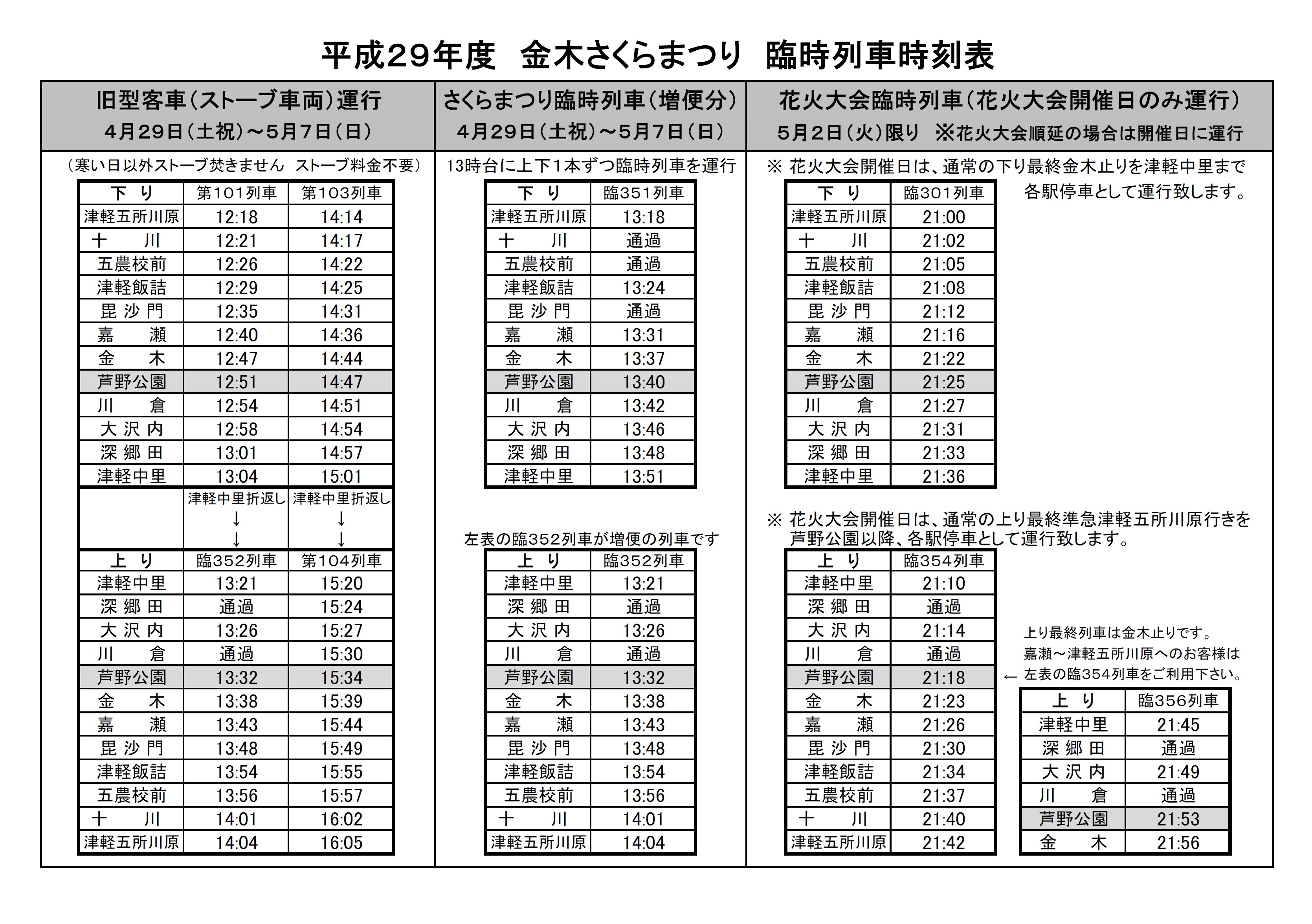 旧国鉄　時刻表 平成29年度 金木さくらまつり 臨時列車時刻表 | 津軽鉄道 株式会社
