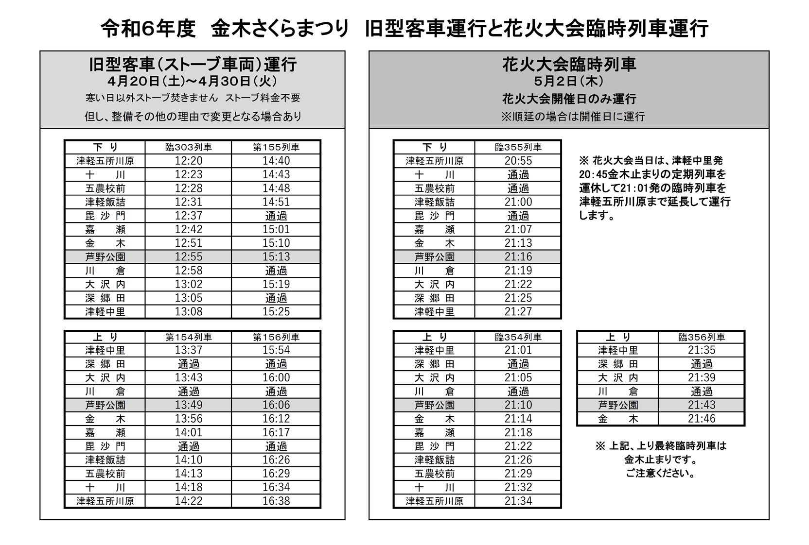 令和6年度 金木さくらまつり 花火大会臨時列車と旧型客車運行の運行